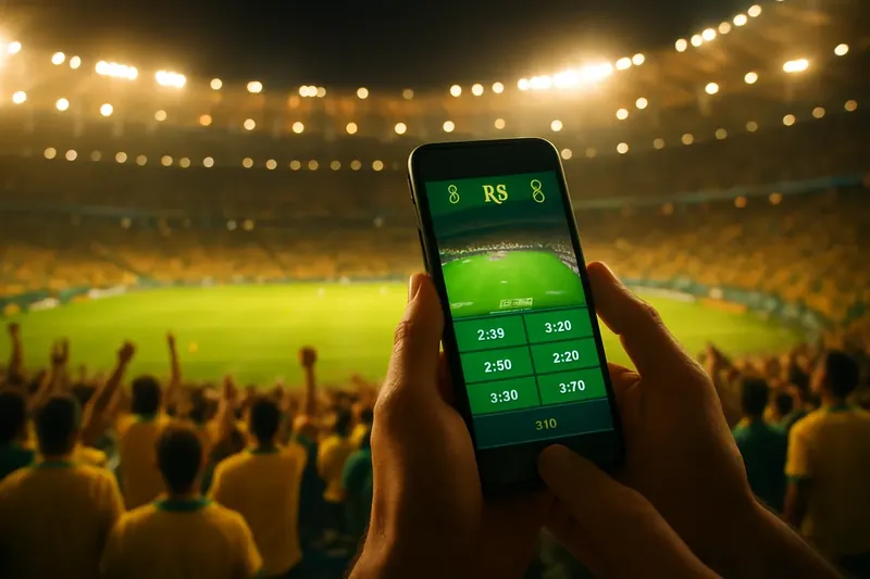 Mãos com smartphone e odds ao vivo no Maracanã lotado à noite