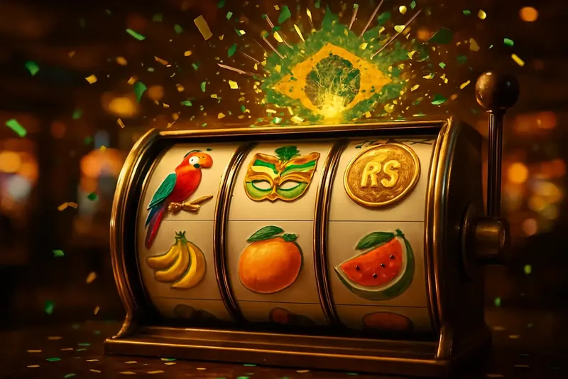 Caça-níqueis brasileiro com rolos tropicais, jackpot e confete verde e dourado