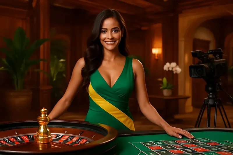 Estúdio de cassino ao vivo com dealer brasileira na mesa de roleta luxuosa