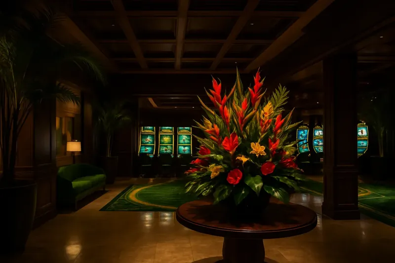 Lobby elegante de cassino brasileiro com decoração tropical e telas de jogos