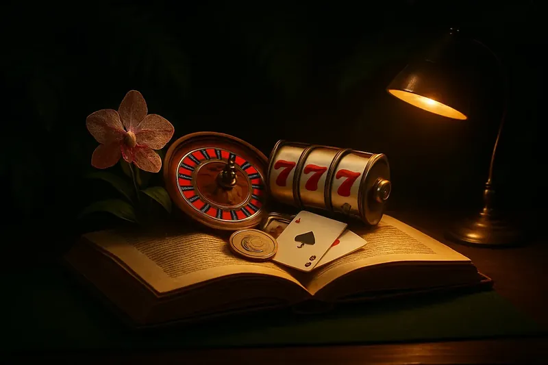 Livro aberto brilhante com roleta, slots, blackjack, moedas de real e orquídeas