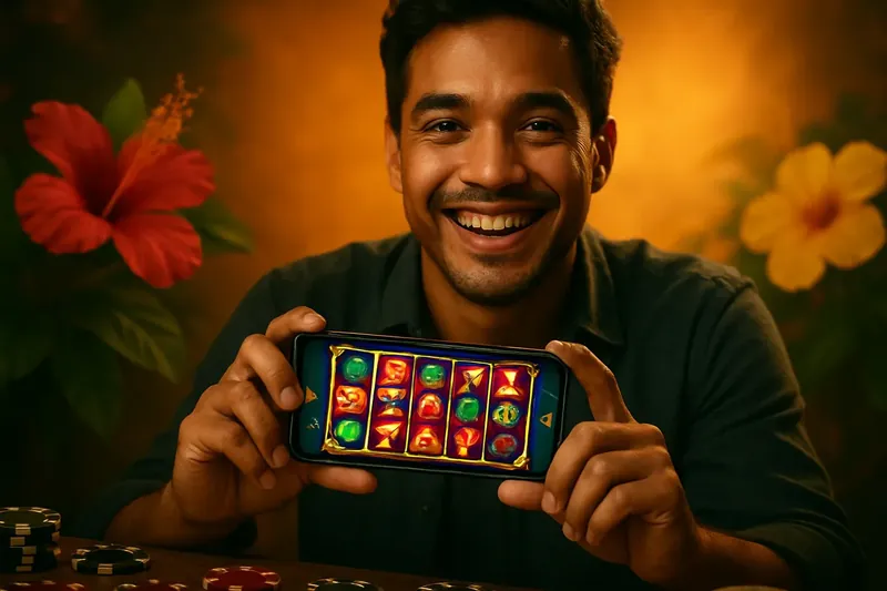 Jogador brasileiro segurando smartphone com caça-níqueis online e fichas coloridas