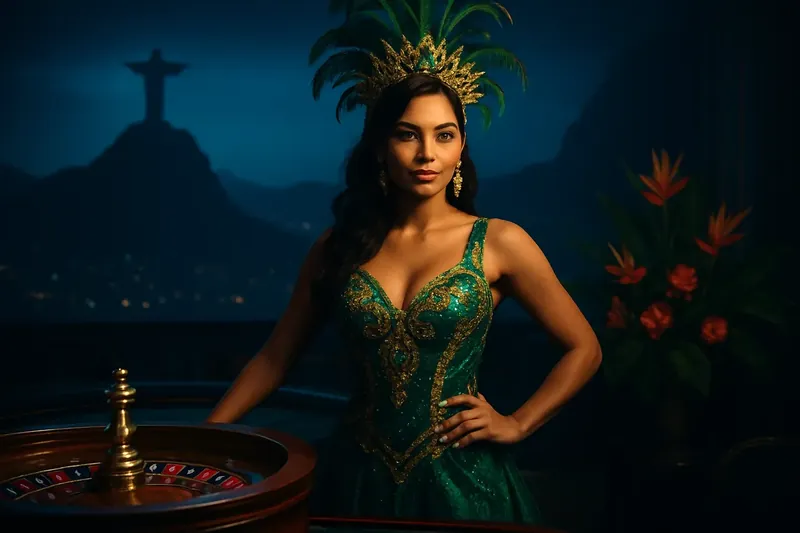Mulher brasileira confiante ao lado da roleta com Rio ao fundo