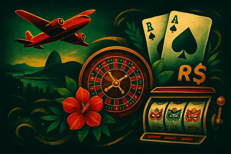 Colagem de jogos de cassino brasileiros com Rio, roleta, blackjack e slots